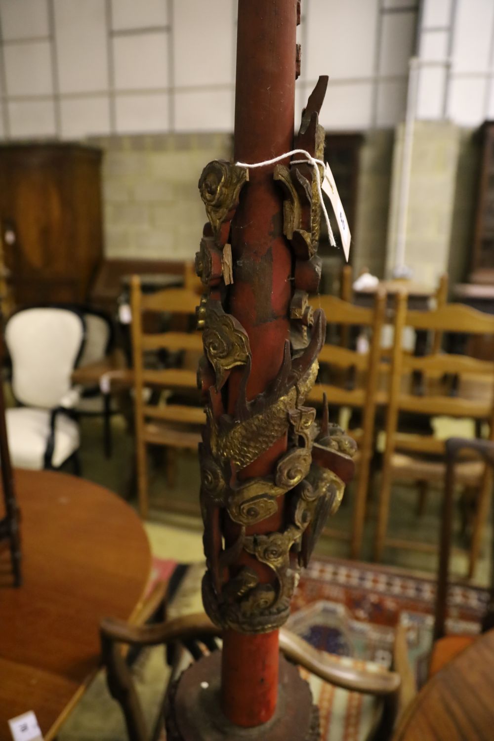 A Chinese carved painted wood floor lamp, height 202cm